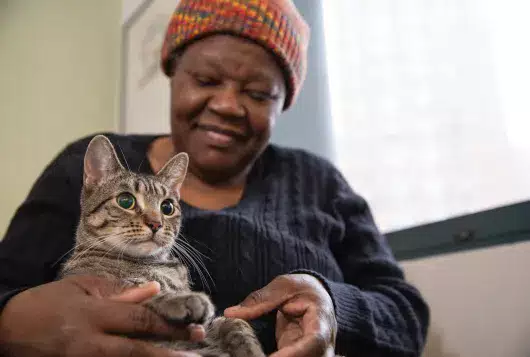 A woman in a knit cap smiles at the gray cat she's cradling