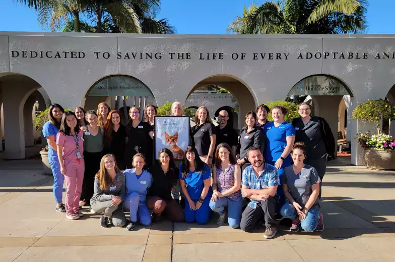 Consult team standing and kneeling in front of San Diego Humane Society