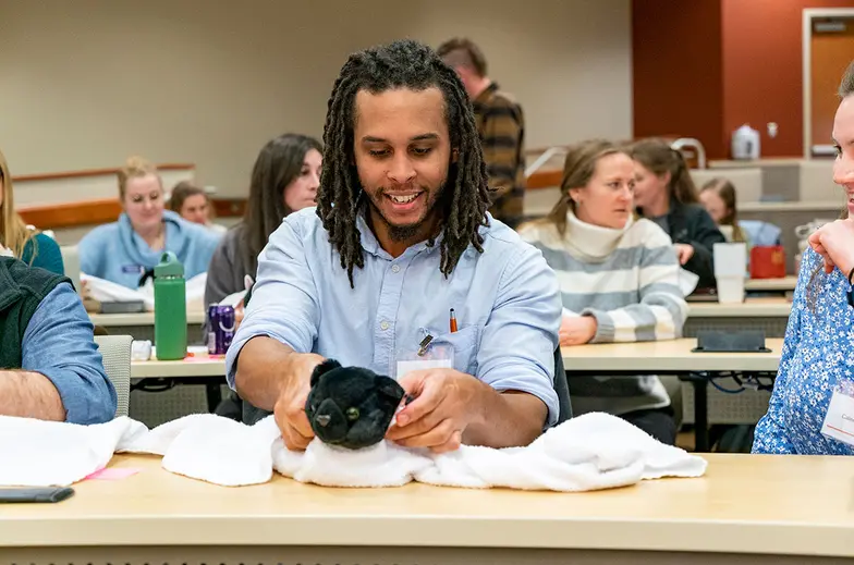 Veterinary students sit at a desk in a large room learning various animal techniques