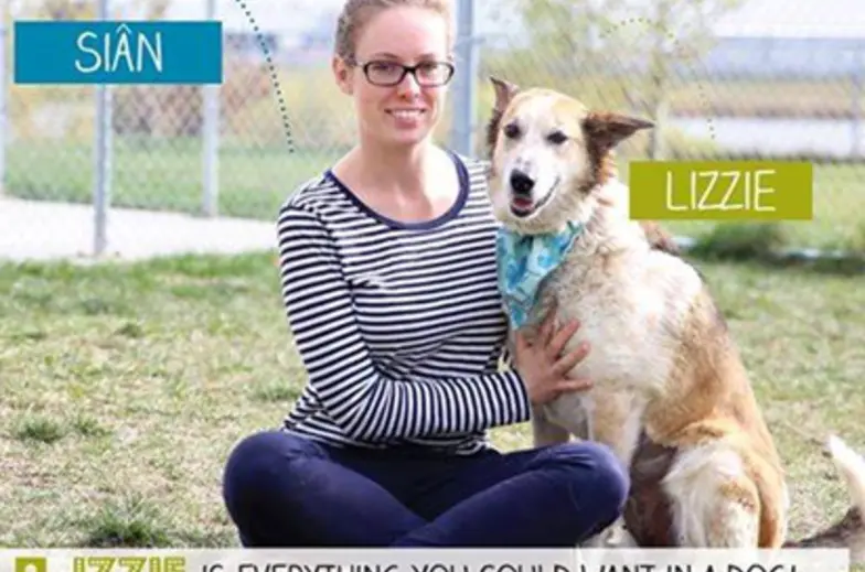 woman sitting outdoors with tan and white dog on promo poster